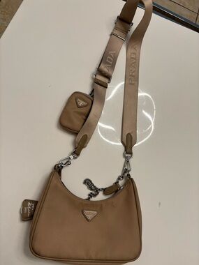 Tan Re-Nylon Shoulder Bag with Logo Strap